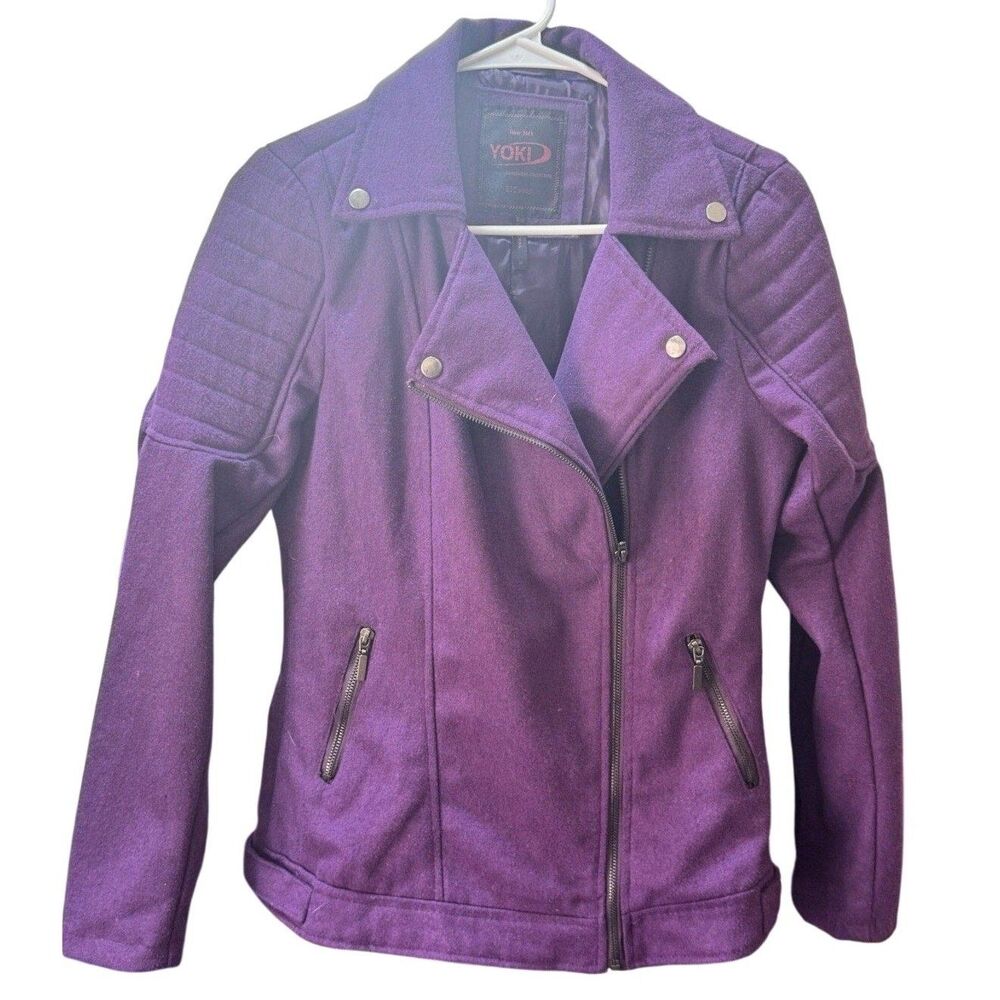 Yoki New York Women’s Purple Moto Jacket Size M Faux Wool Biker Style Zip Pocket